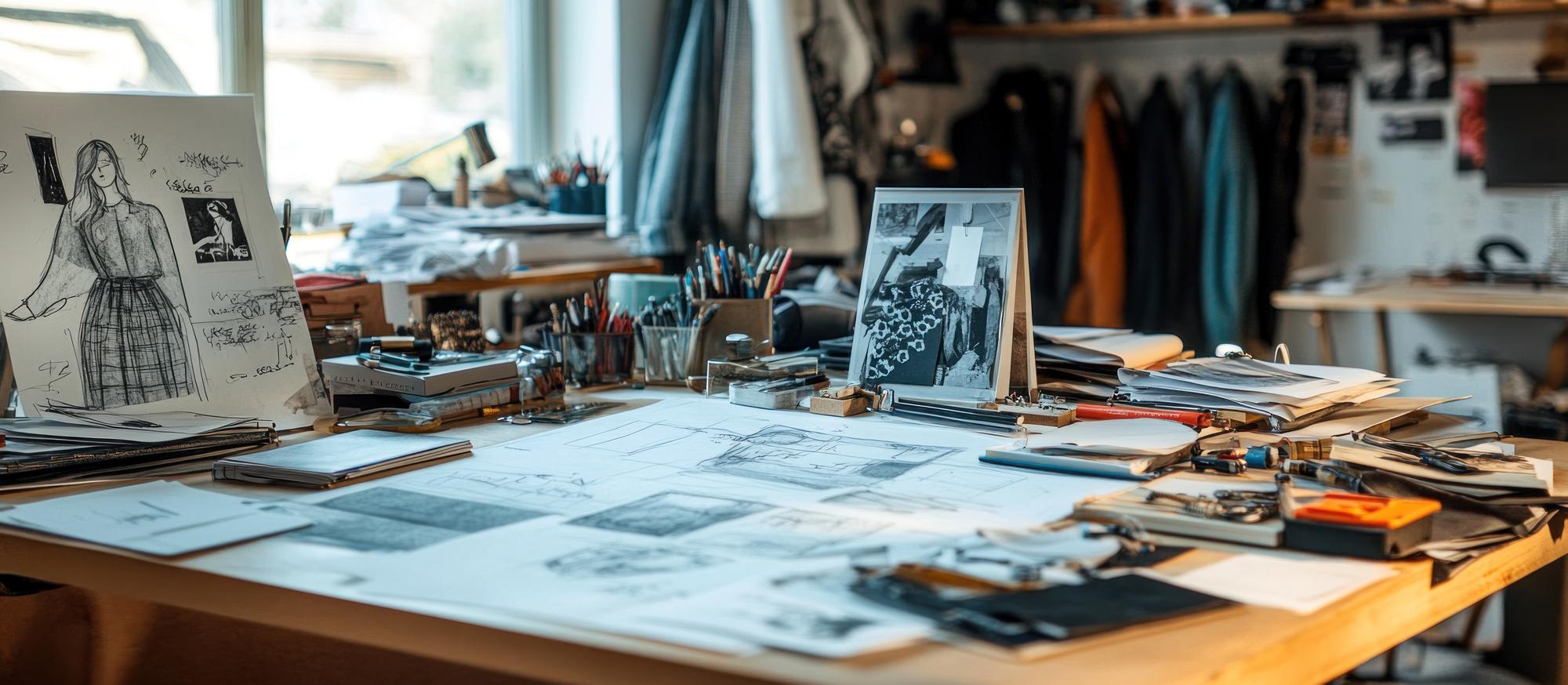 Workshop table with threads and sketches