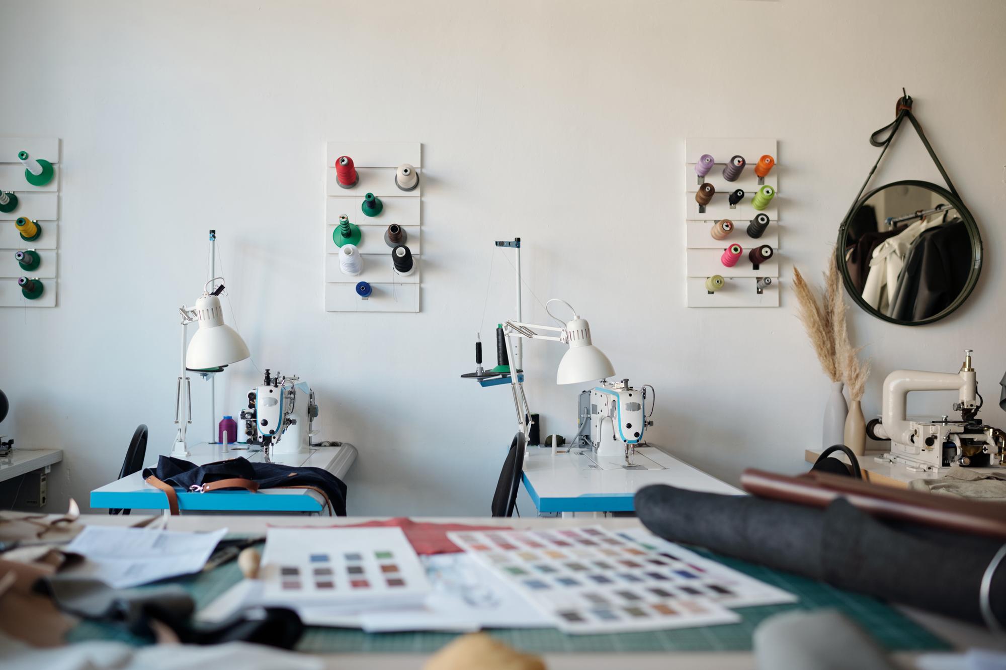Interior of embroidery workshop with machine